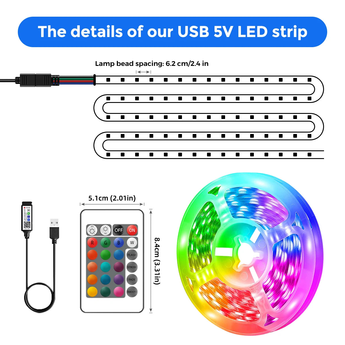 LED Strip Lights RGB ,5V 1M-30M,16 Million Colors, RGB , Led Strip Lighting Music Sync, Color Changing for Party Home